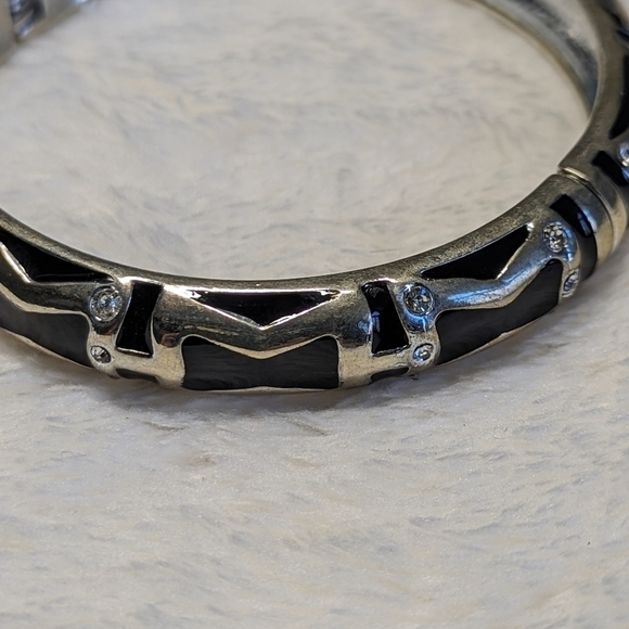 Vintage Sequin Brand Black and Gold Enameled Hinged Bracelet w/ Rhinestones - Picture 5 of 9